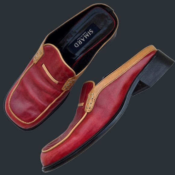 Vintage Simard Red Slip On Loafers Mules Size 38 US 7.5 Leather Square Toe Italy - Picture 1 of 11